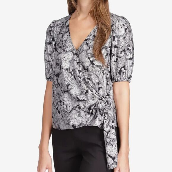 Michael Kors Black Silver Foil Paisley Wrap Top Blouse Women's Medium Tie Side - Picture 1 of 14